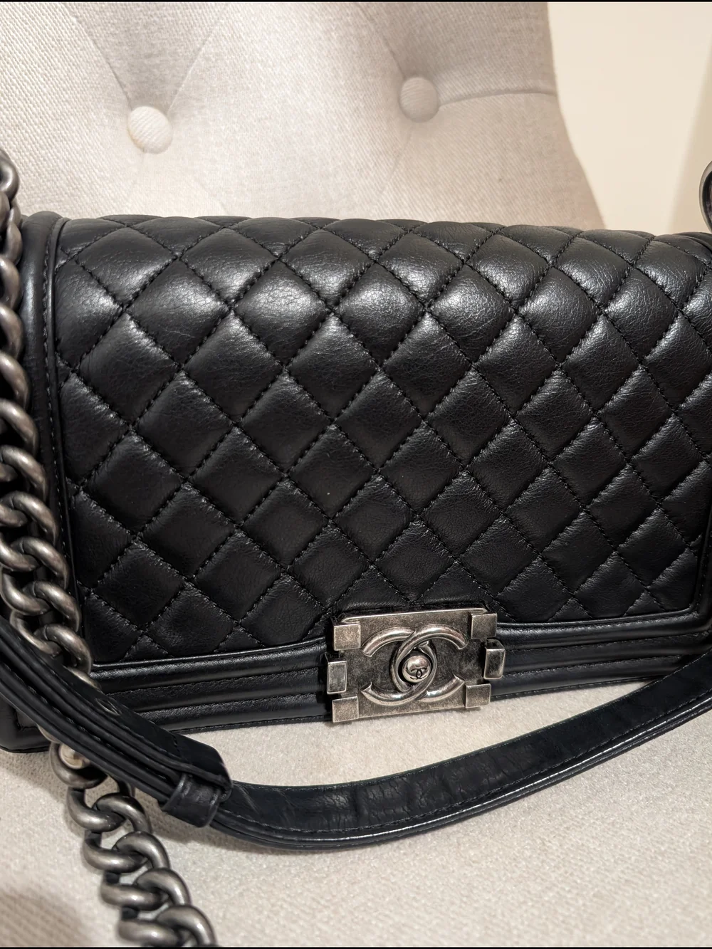 Chanel Black Quilted Leather Boy Bag with Chain Strap
